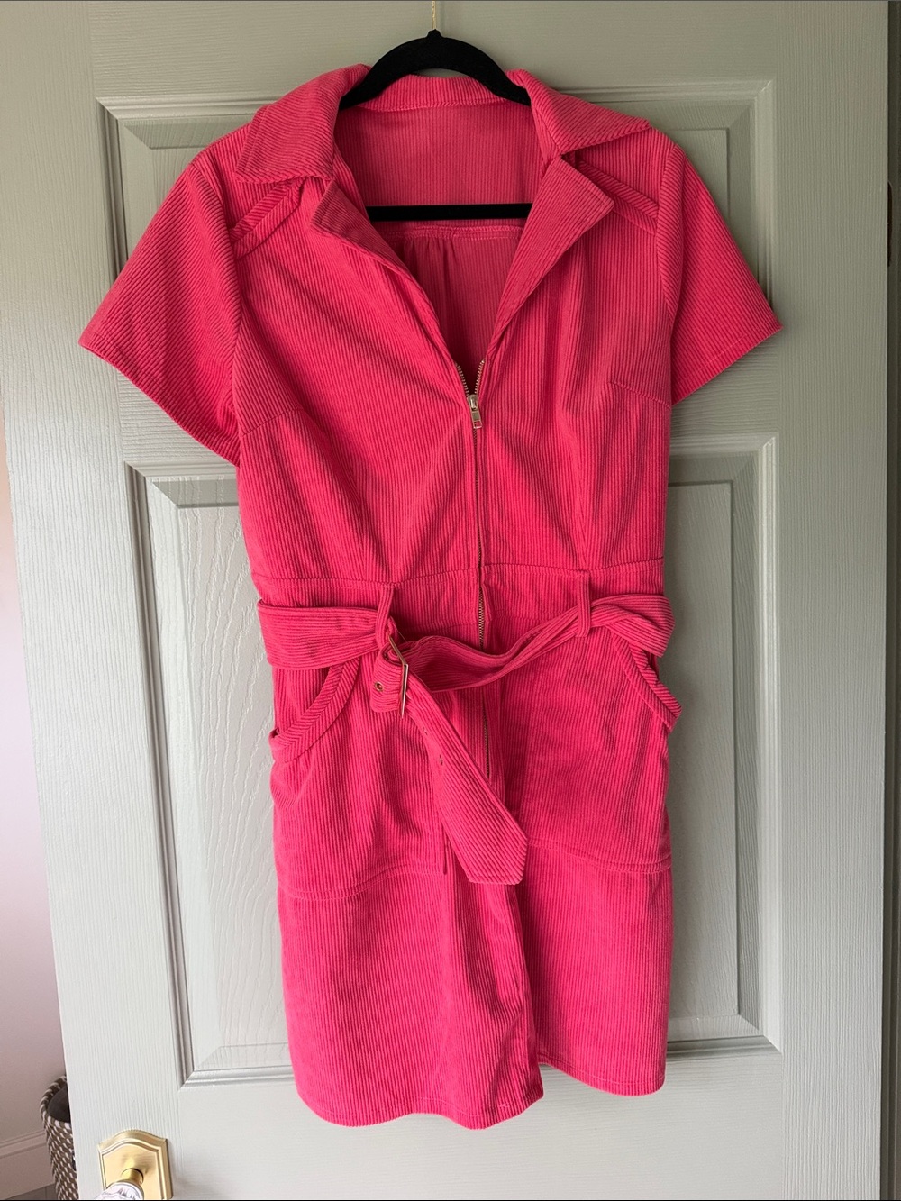 Women's Pink Zip-Front Corduroy Dress with Belt